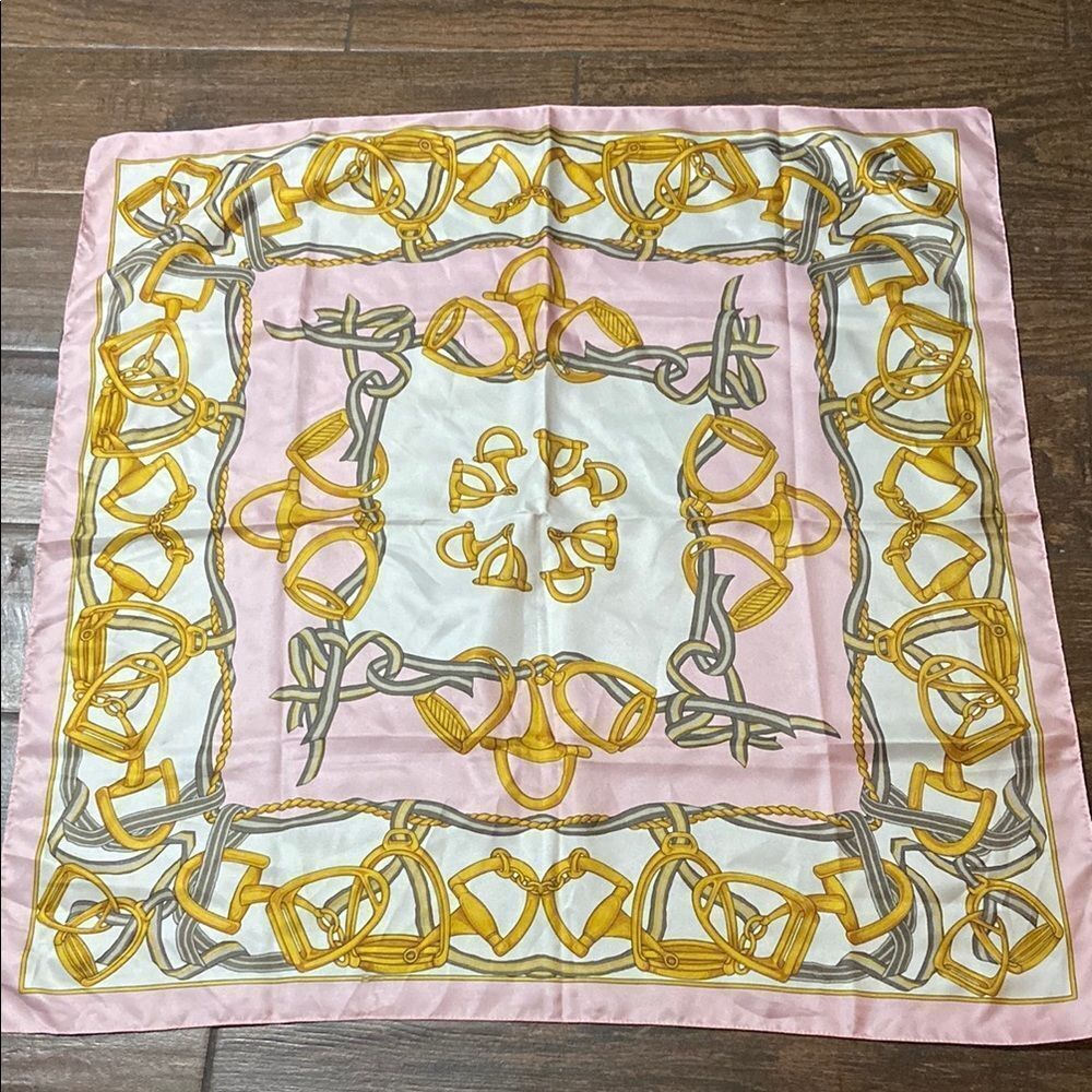 Art Of The Scarf Tie Rack Vintage Pink and Gold Equestrian Print Scarf